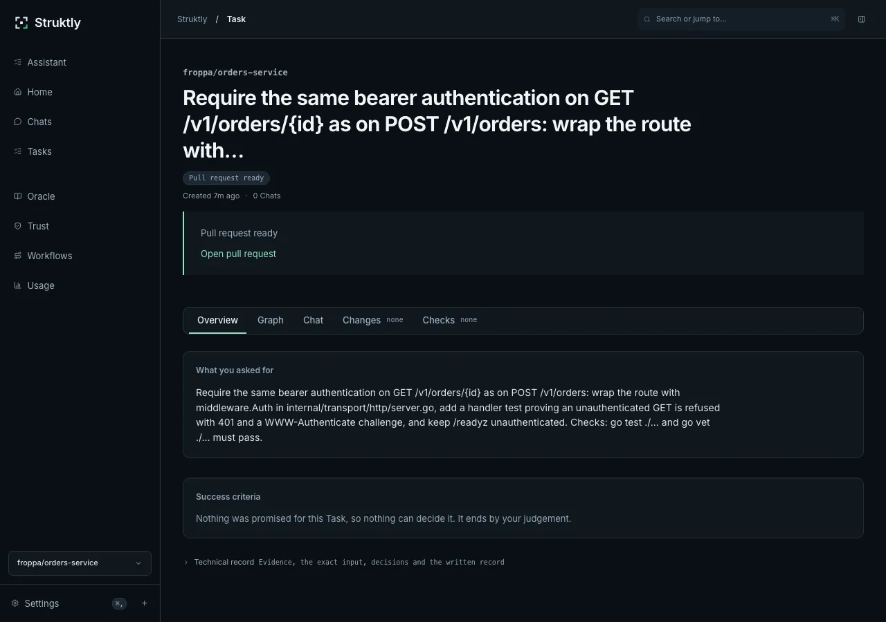 A delivered Struktly task with a link to its draft pull request.